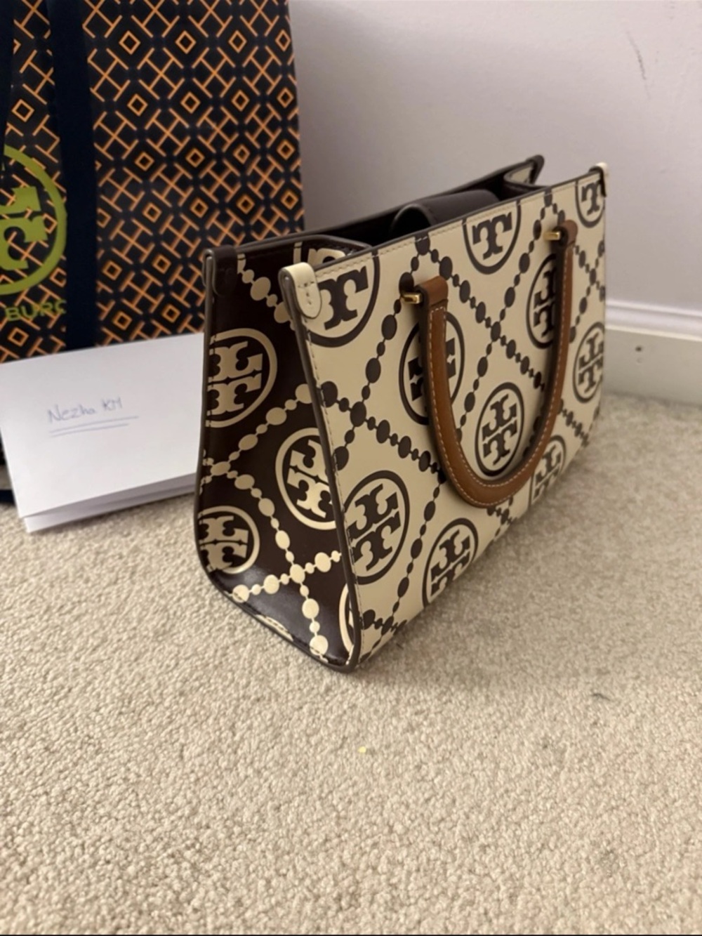 NWT Tory Burch T-Monogram Contrast Embossed Square Tote Marron/New Cream Rare - Picture 8 of 9